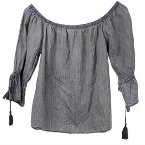 Grey Chambray Off Shoulder Blouse Tassel Tie Ruffled Bell Sleeve Peasant Top